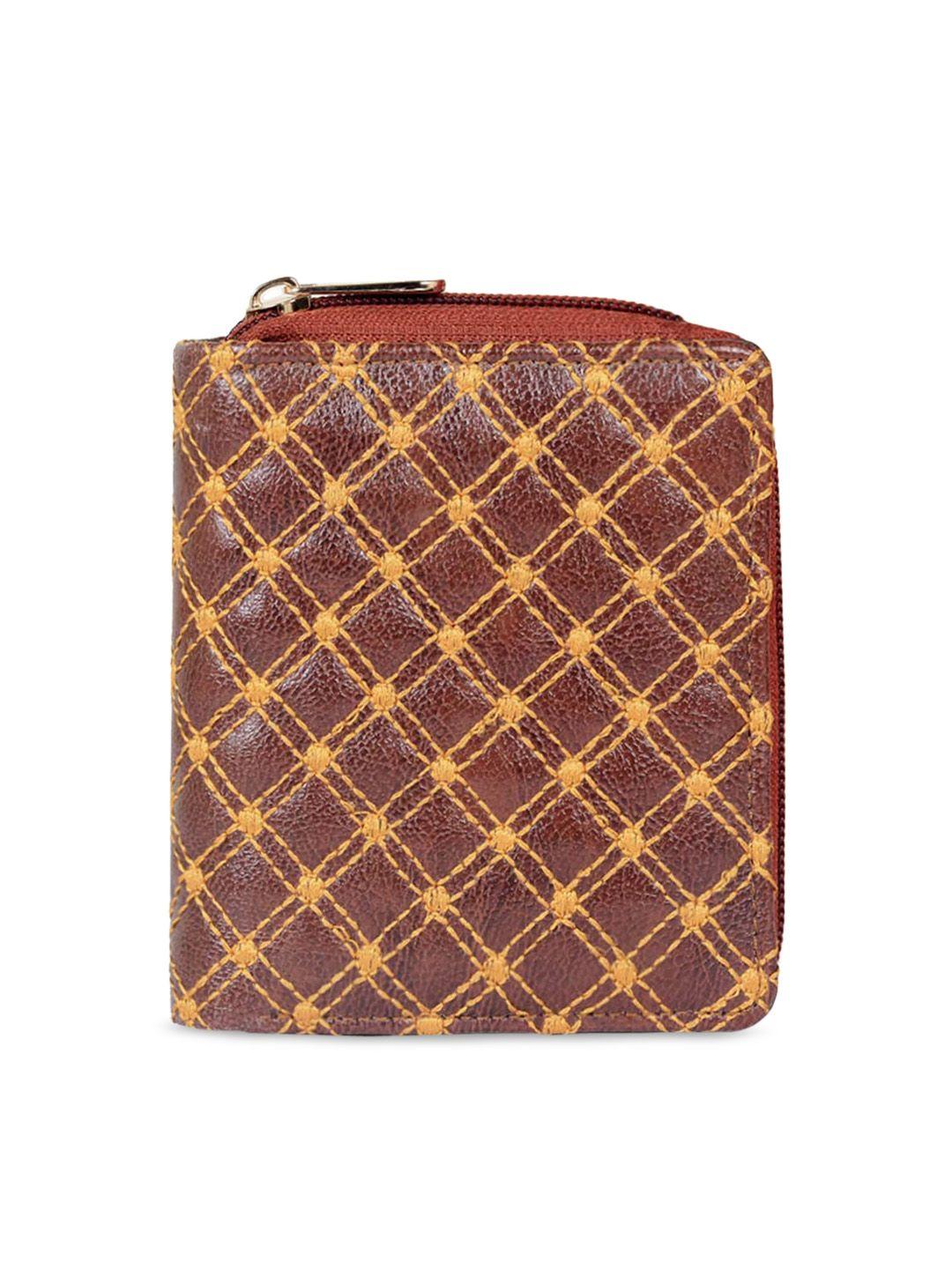 the clownfish women tan & mustard checked quilted synthetic leather zip around wallet