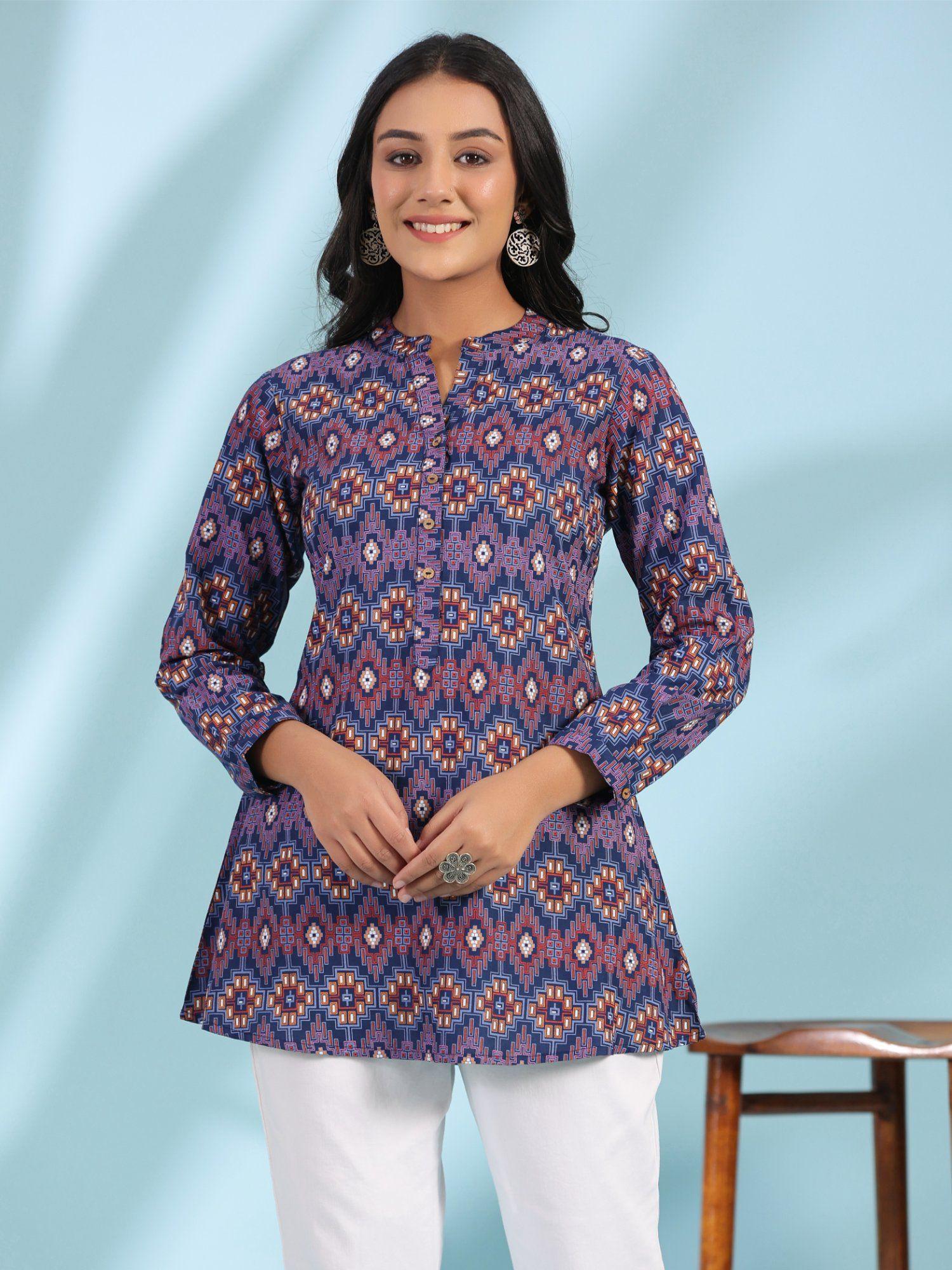 the crafted geometrics blue geometric printed rayon tunic