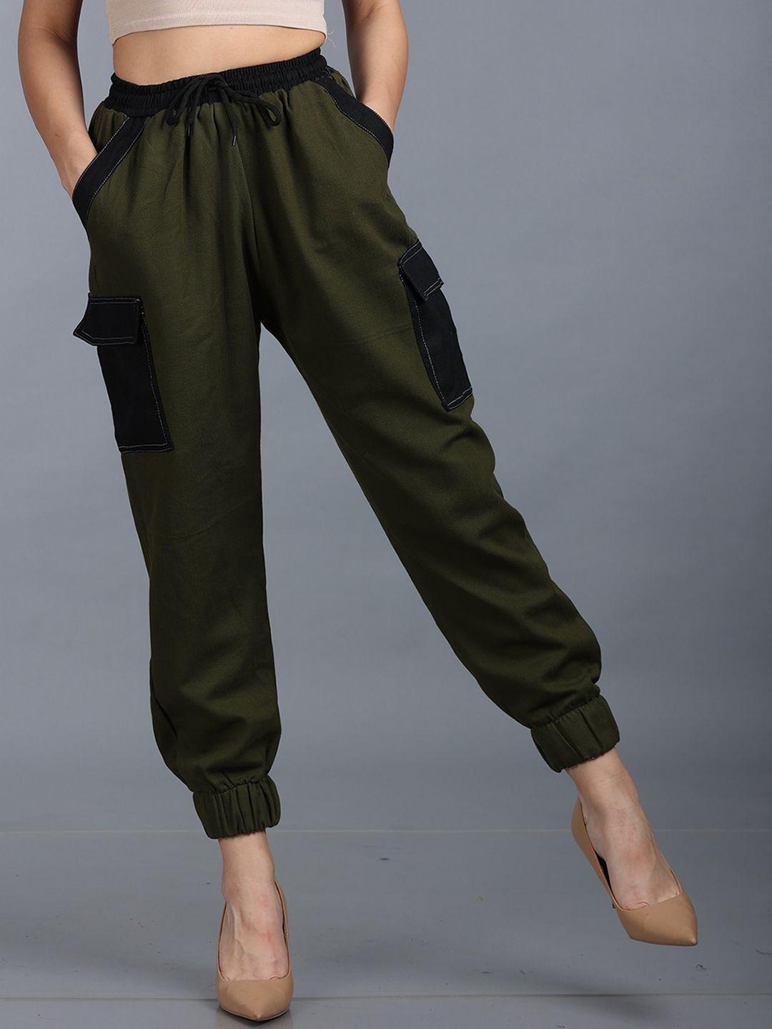 the dance bible women olive green loose fit easy wash cargos trousers