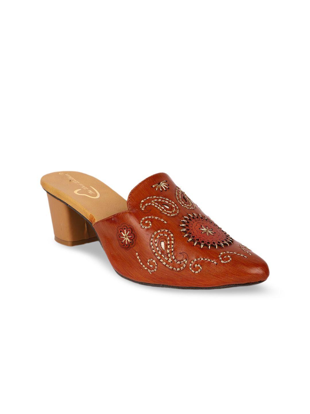 the desi dulhan brown ethnic block mules with laser cuts