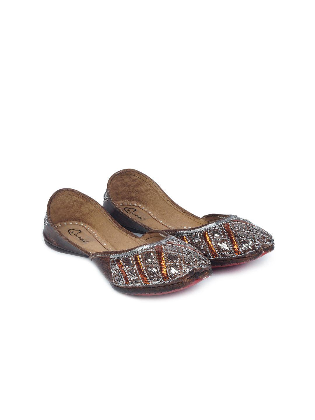 the desi dulhan women brown embellished ethnic mojaris flats