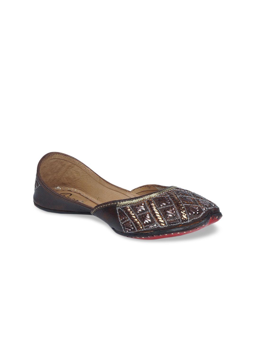 the desi dulhan women brown embellished leather ethnic ballerinas flats