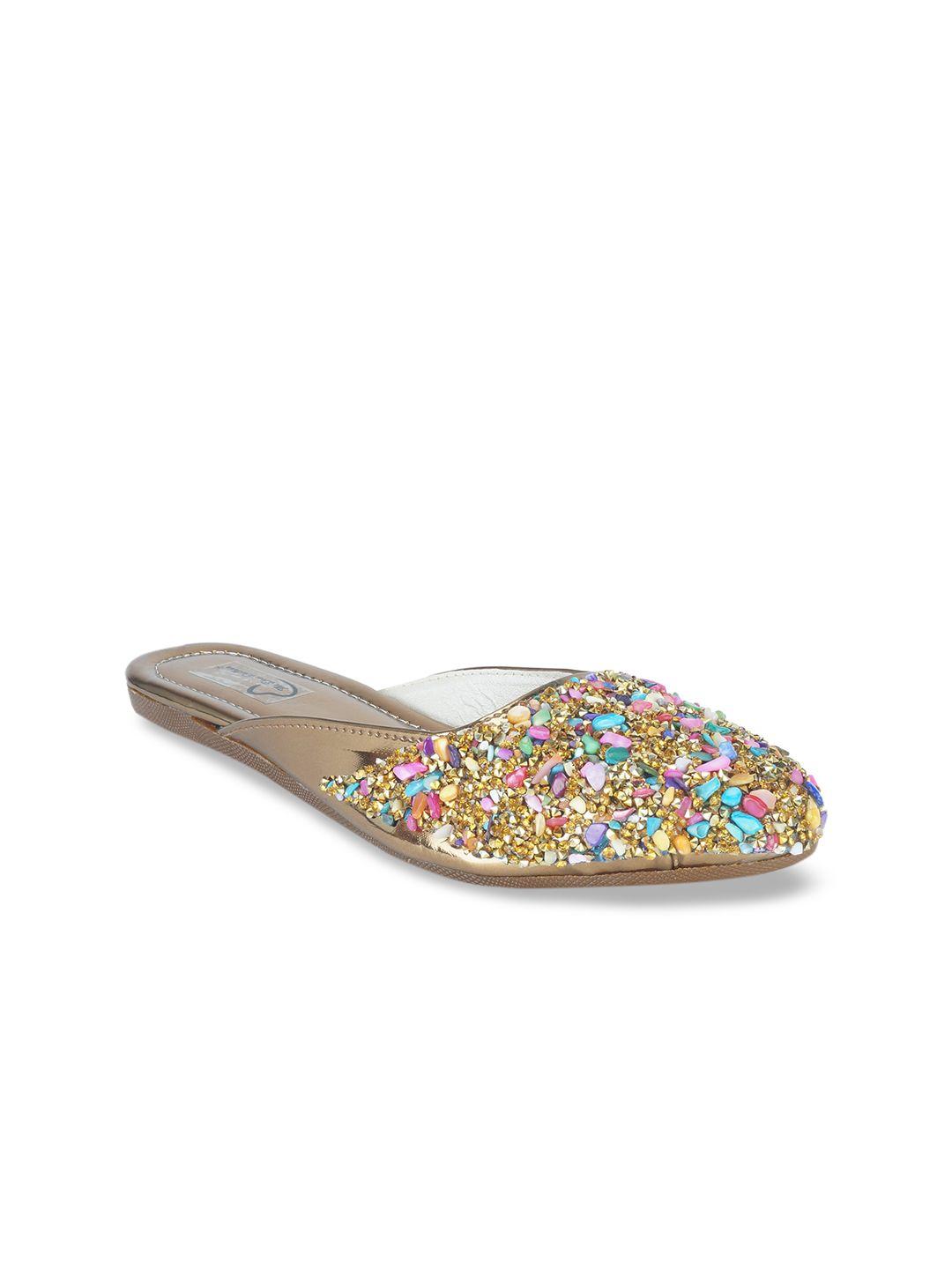 the desi dulhan women gold embellished mules flats