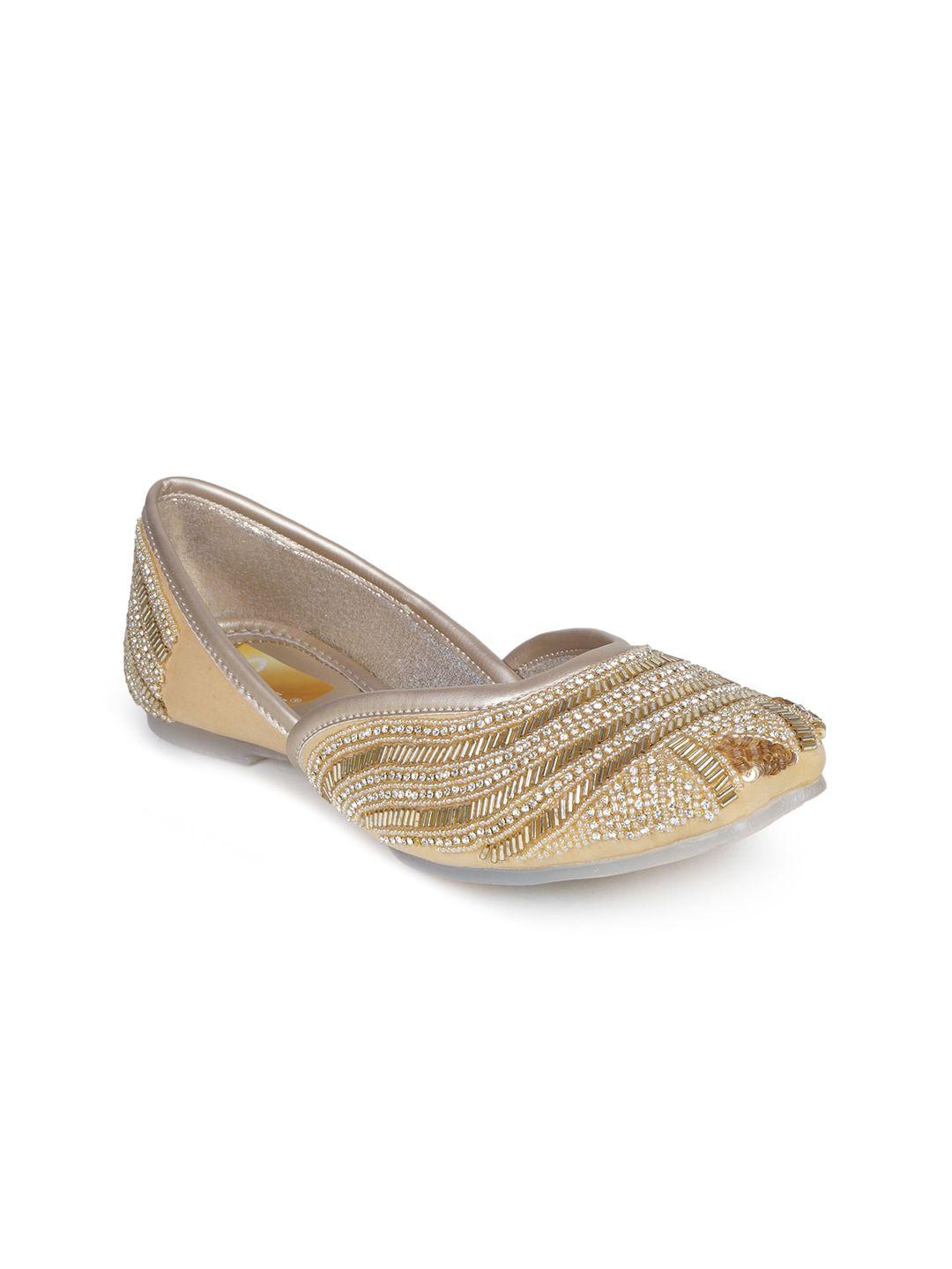 the desi dulhan women gold-toned embellished leather ethnic flats