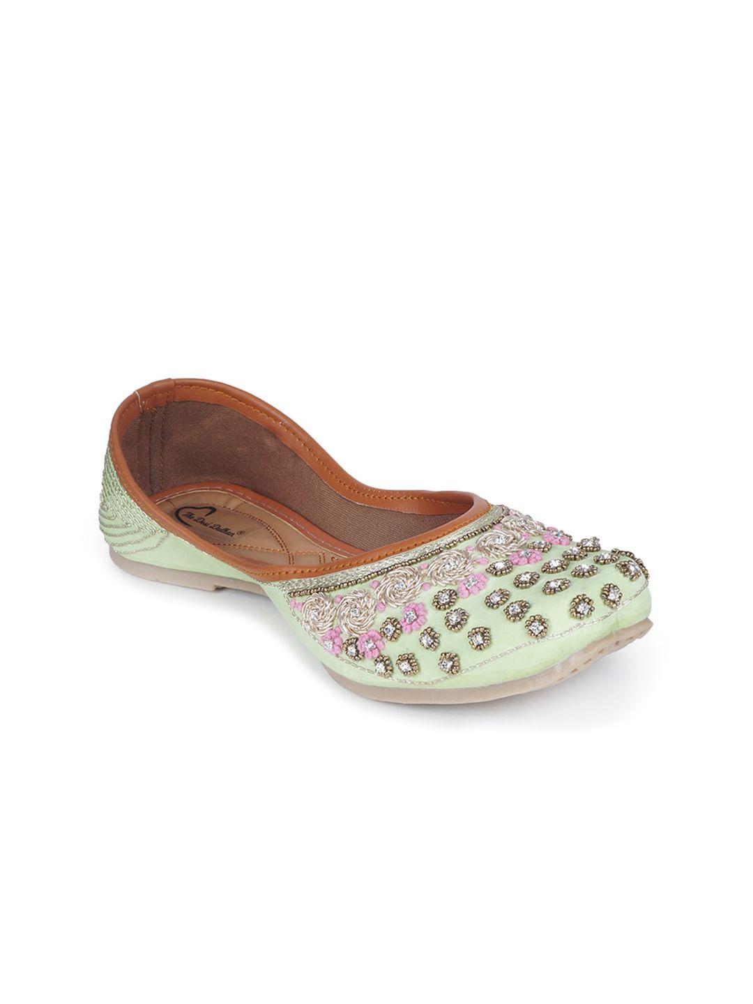 the desi dulhan women lime green embellished handcrafted mojaris