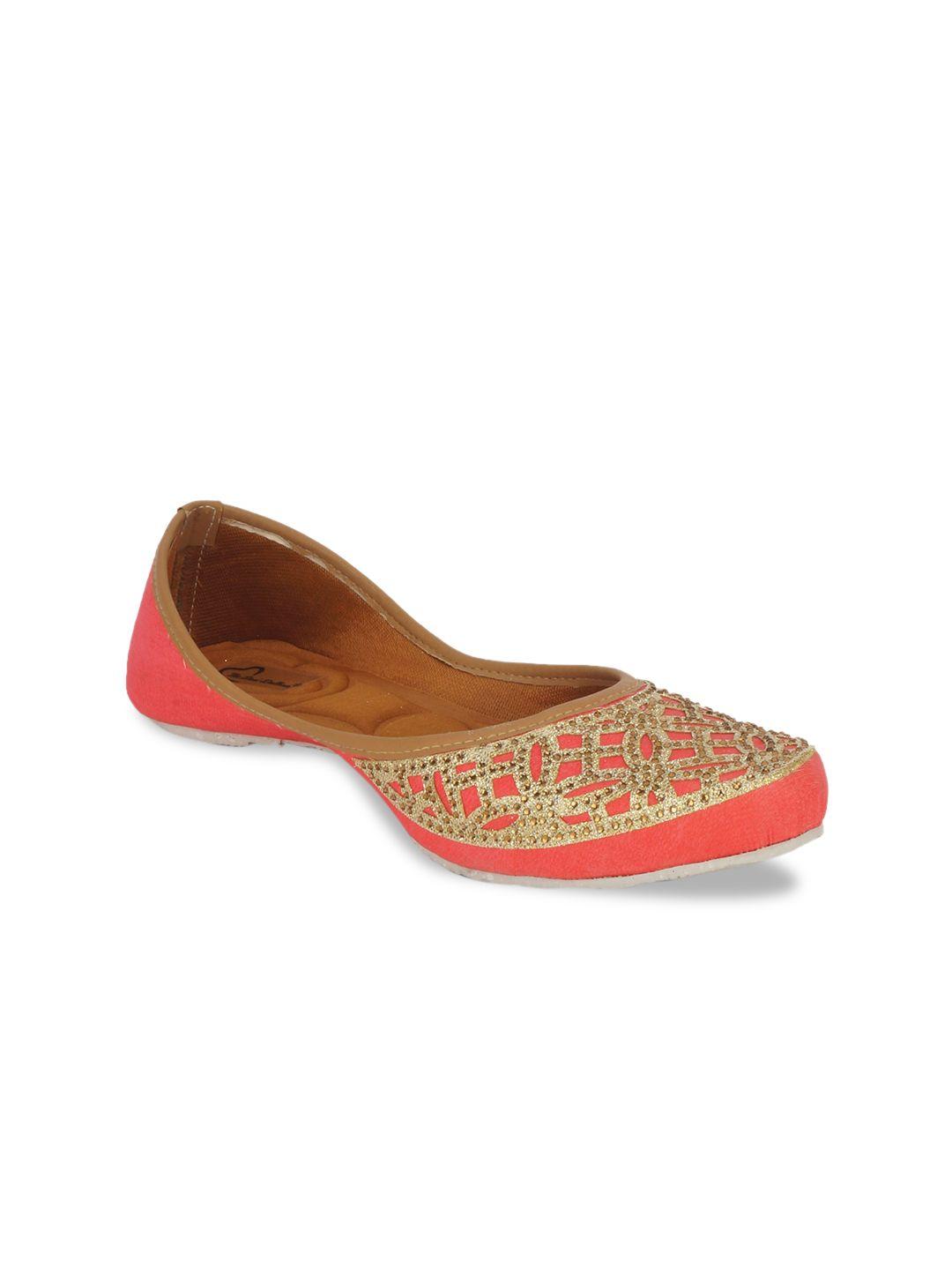 the desi dulhan women orange embellished leather ethnic mojaris flats