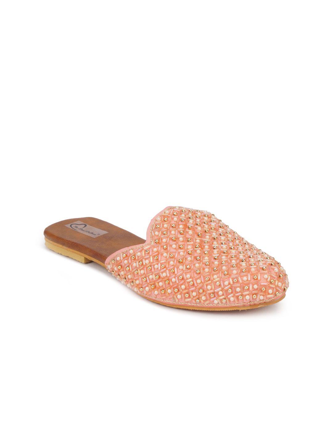 the desi dulhan women peach-coloured embellished leather party mules