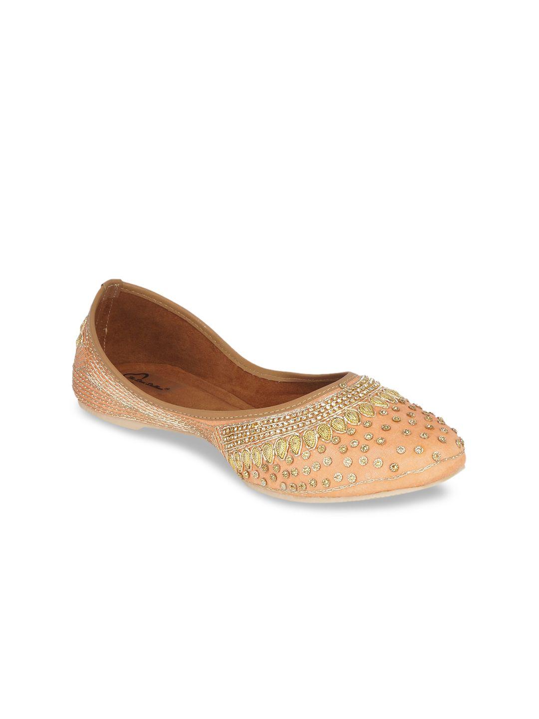 the desi dulhan women peach embellished leather ethnic mojaris flats