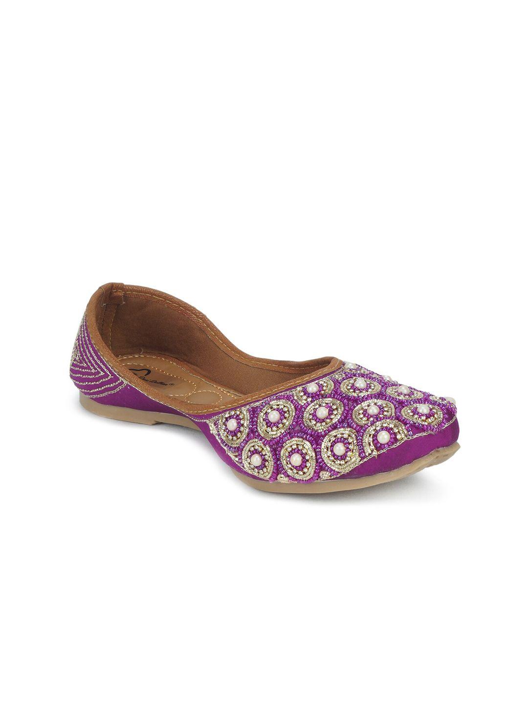 the desi dulhan women purple embellished leather ethnic mojaris flats