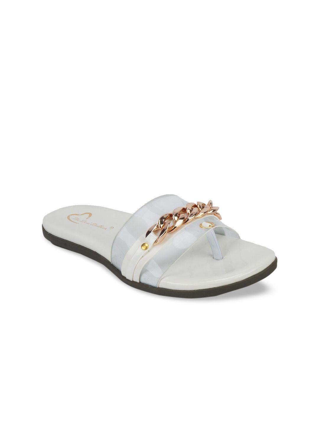 the desi dulhan women white and gold transparent embellished open toe flats