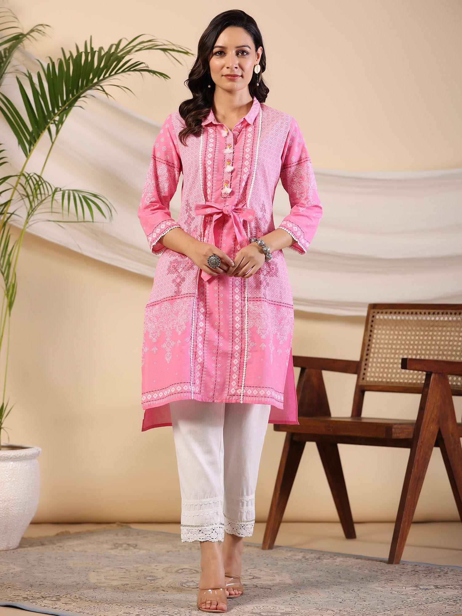 the dhara tie-up pink geometric printed cotton fusion kurta with contest 3d beadwork & tassels