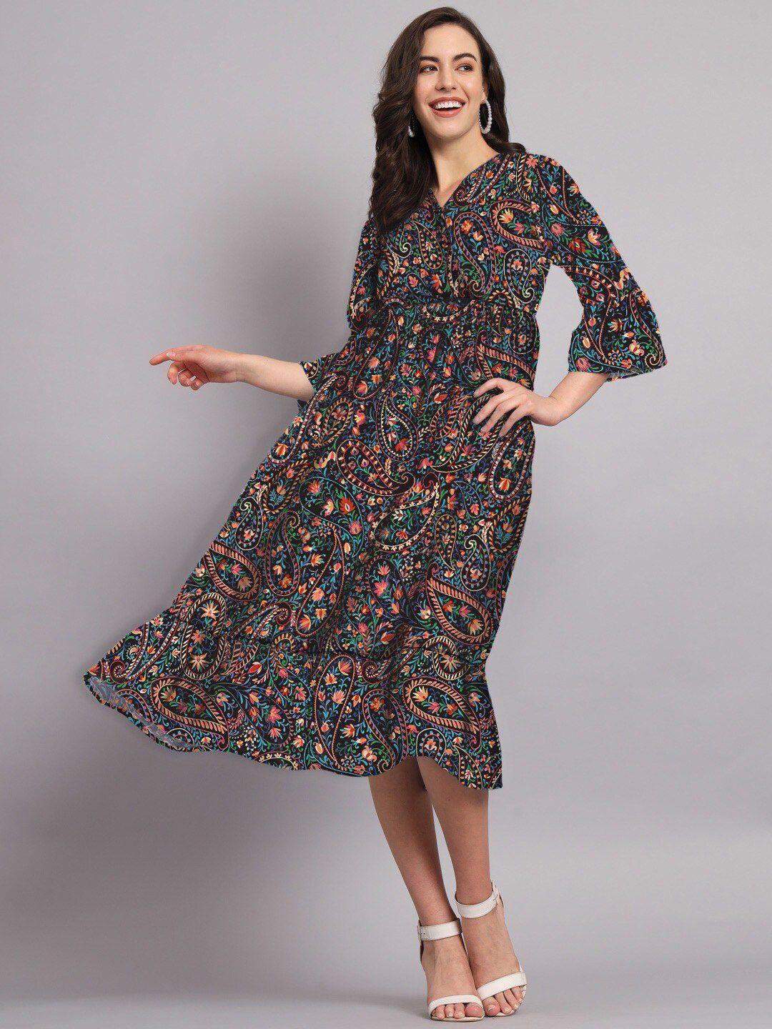 the dry state black ethnic motifs printed gathered detailed fit & flare midi ethnic dress