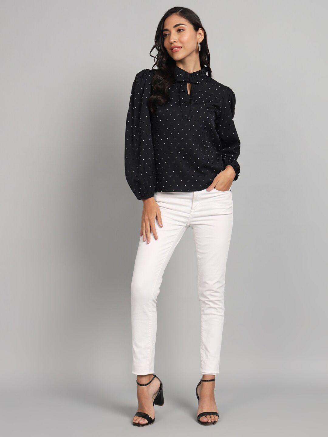 the dry state black polka dot print pleated neck puff sleeve top