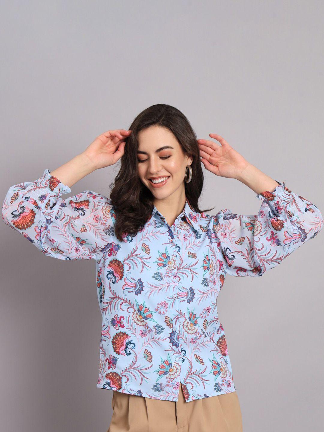 the dry state blue floral print puff sleeve georgette shirt style top