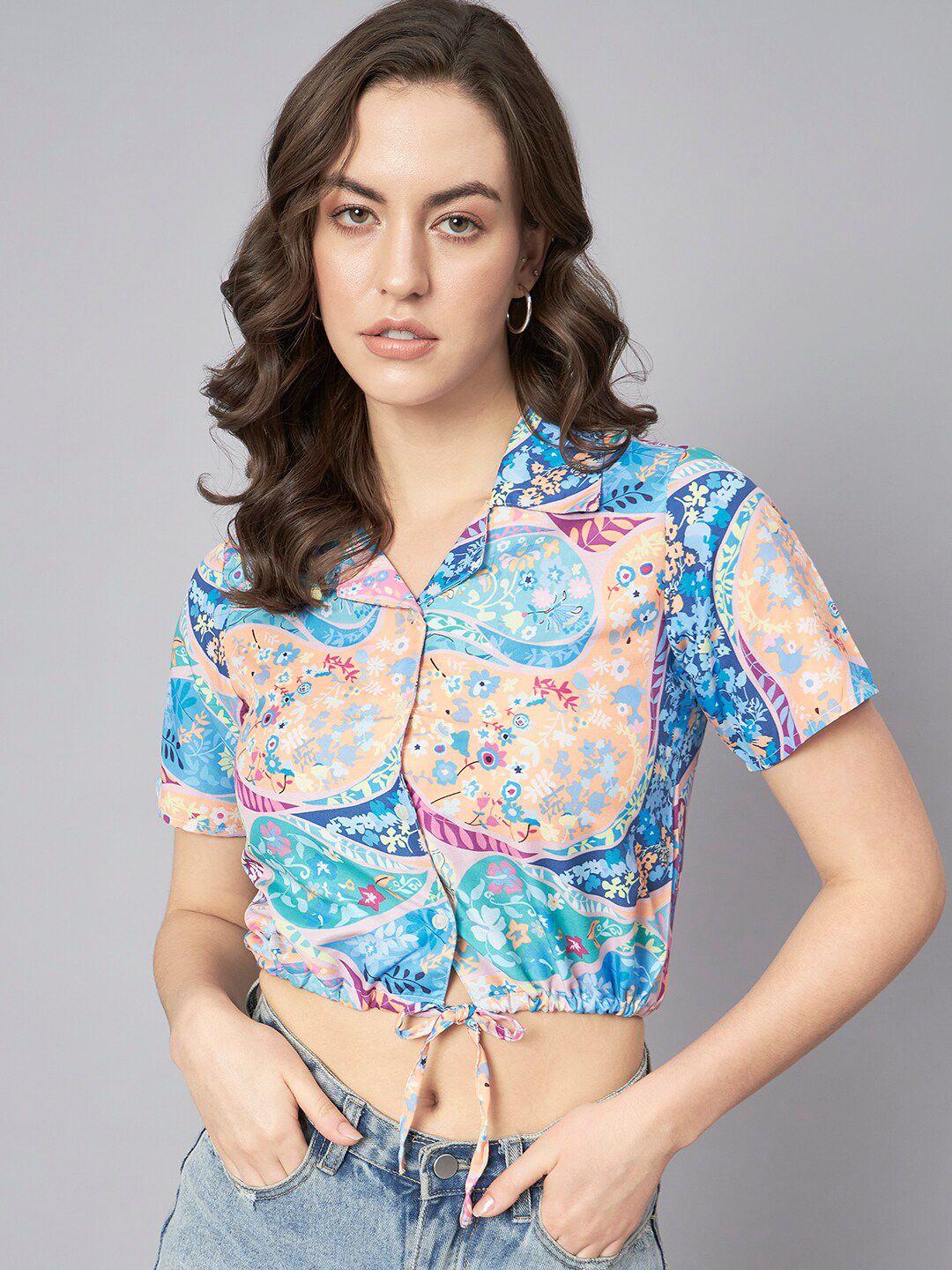 the dry state blue floral printed shirt style crop top