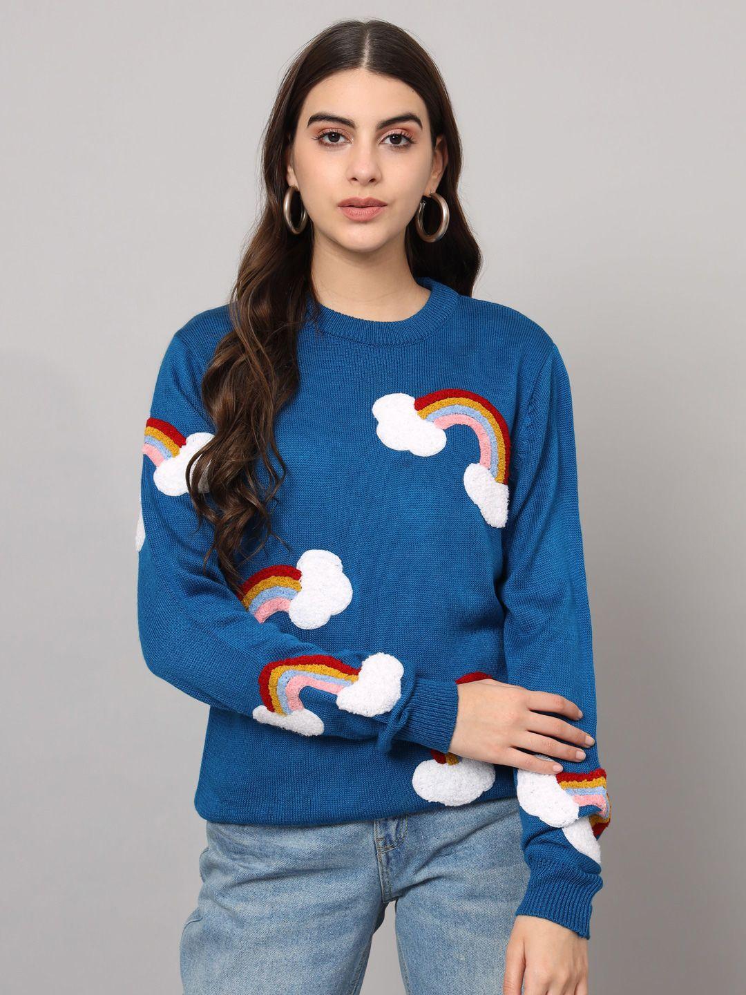 the dry state blue graphic self design applique acrylic pullover sweater