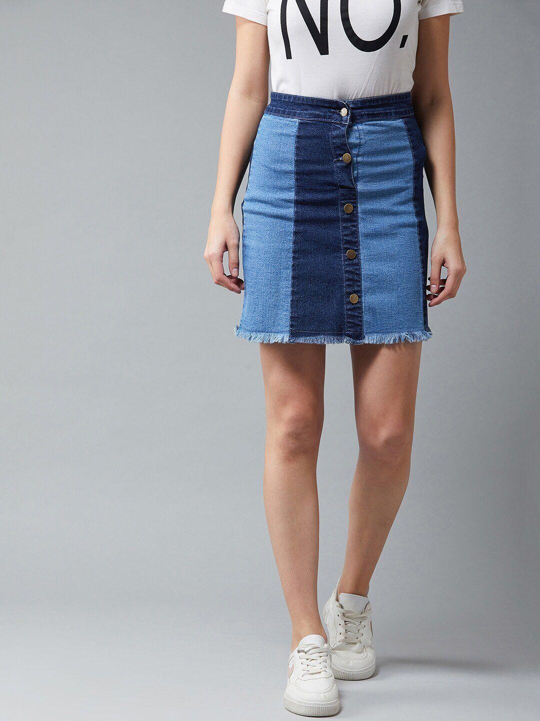 the dry state blue mid-rise colourblocked a-line mini denim skirt