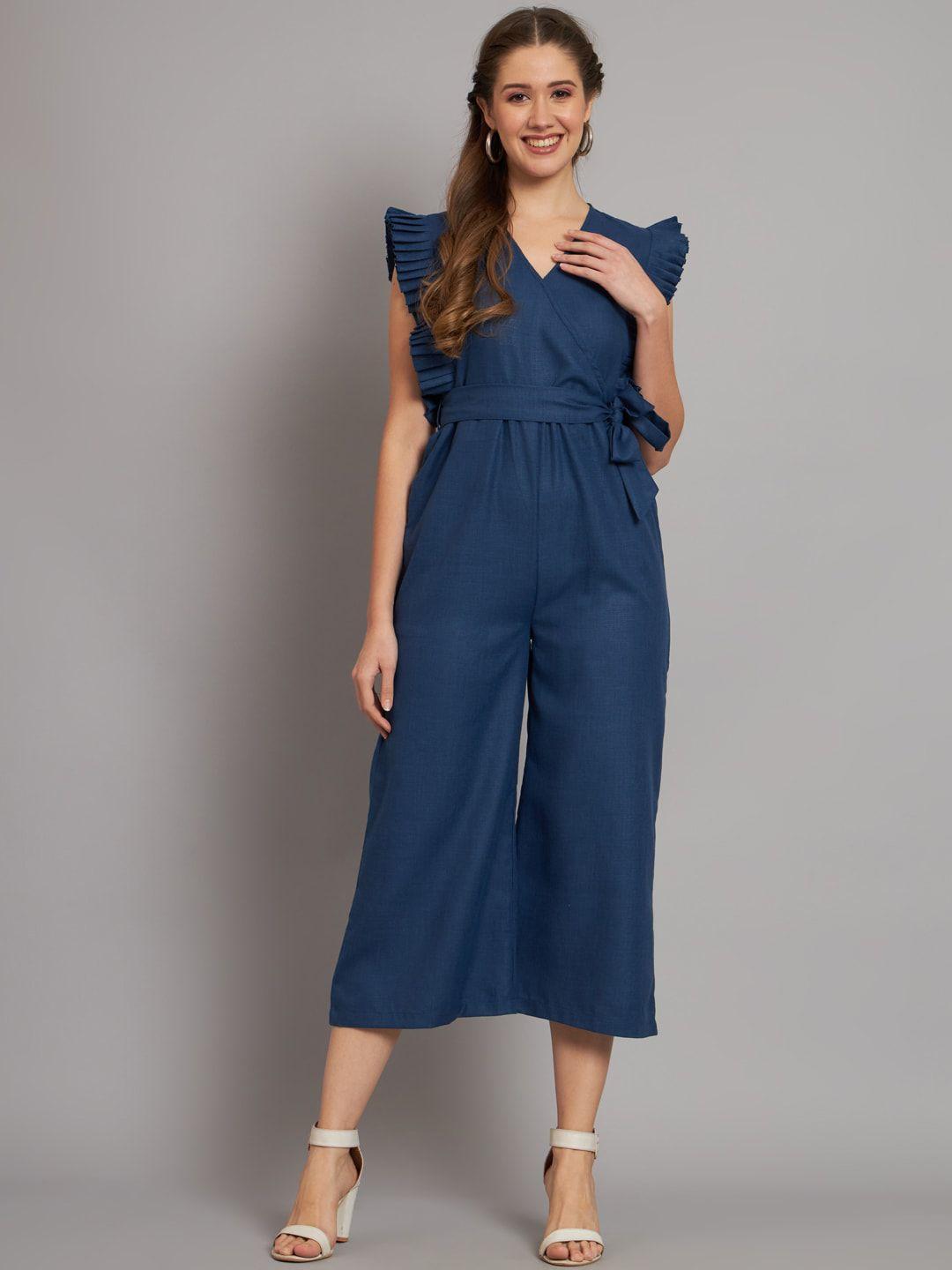 the dry state blue v-neck waist tie-ups cotton basic jumpsuit