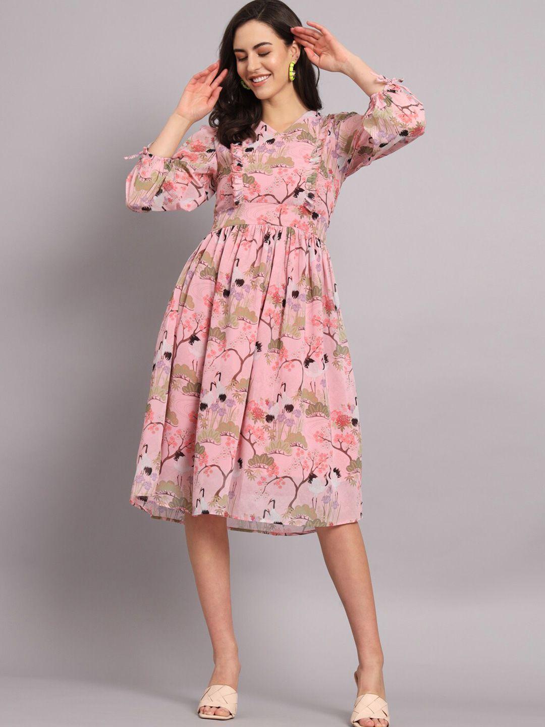 the dry state floral print puff sleeve ruffled georgette fit & flare midi dress