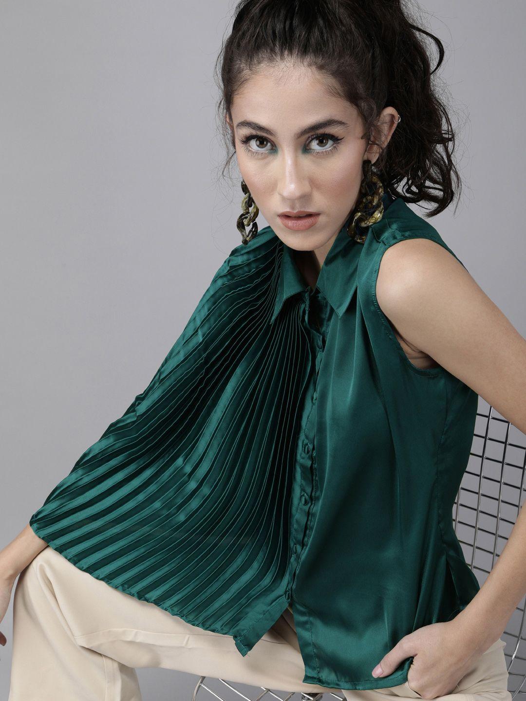 the dry state green accordion pleated sleeves accordion pleats satin shirt style top