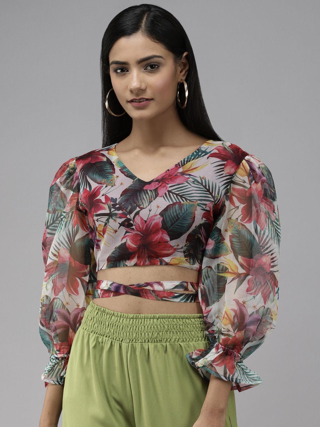 the dry state maroon & green floral print tropical chiffon blouson crop top