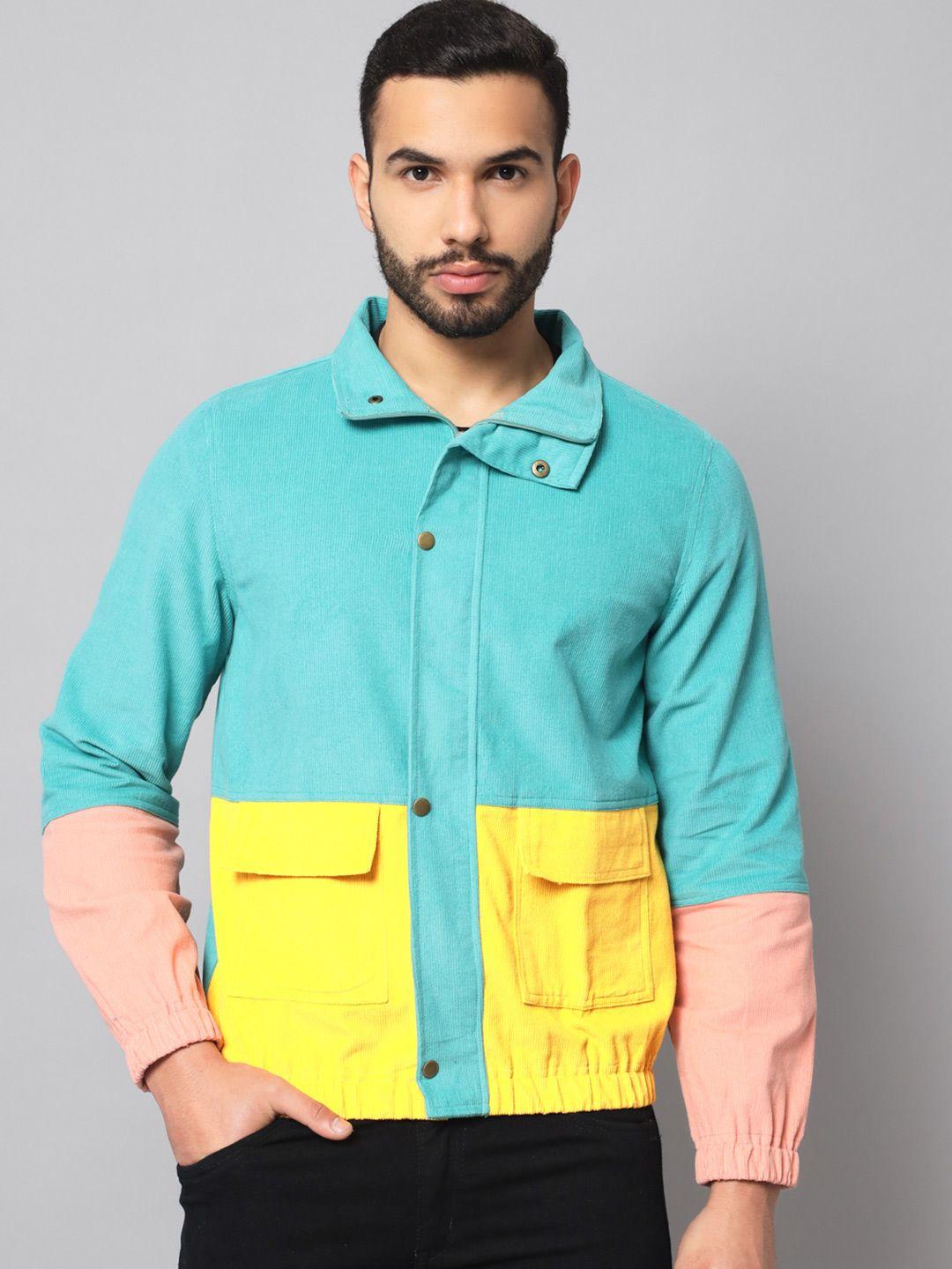 the dry state men teal & yellow colourblocked corduroy lightweight bomber jacket