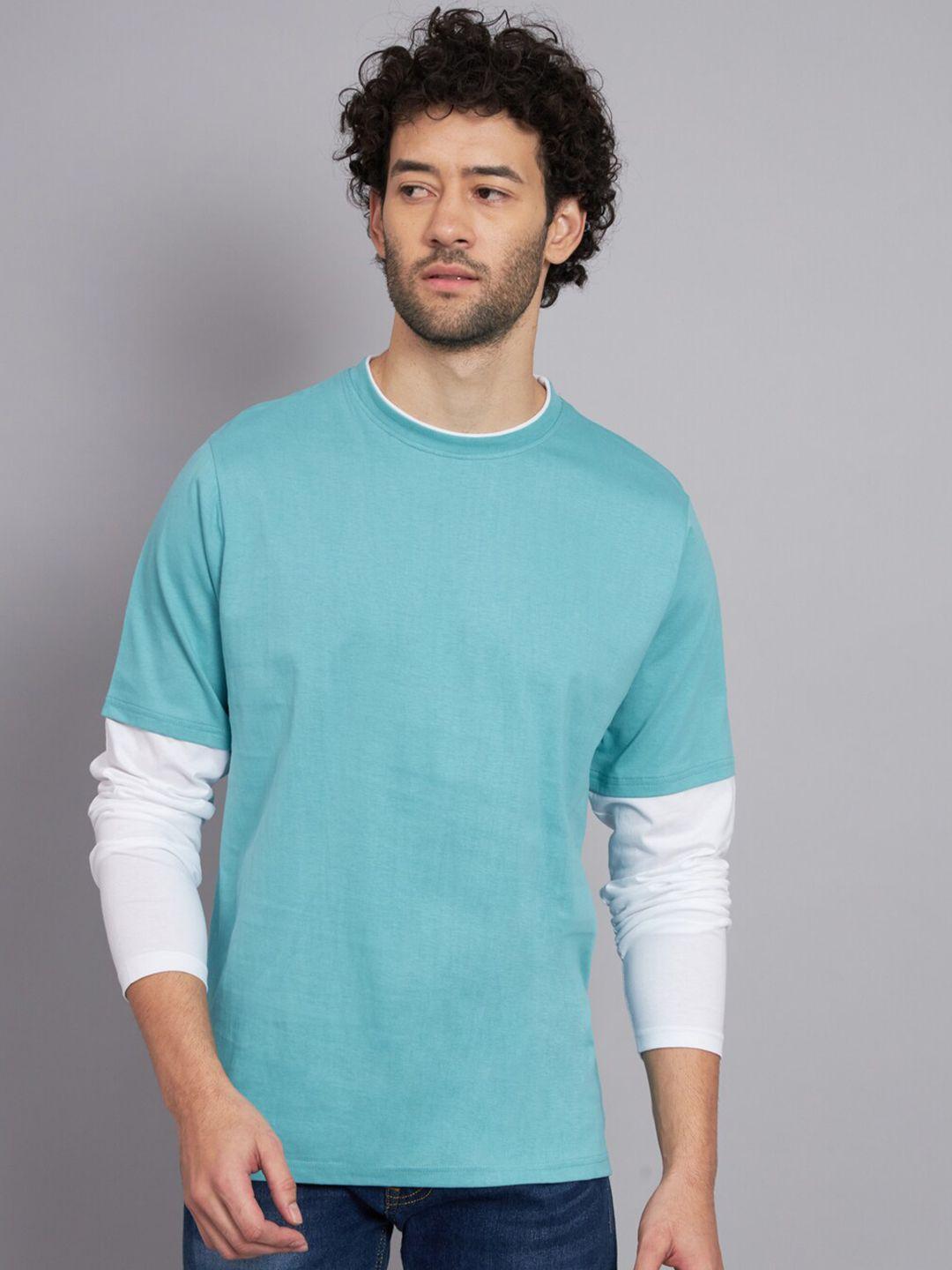 the dry state men turquoise blue & white full sleeves cotton t-shirt