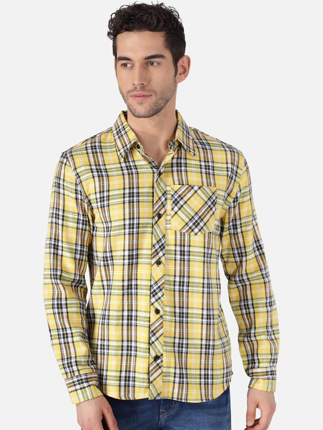 the dry state men yellow & black cotton regular fit checked casual shirt