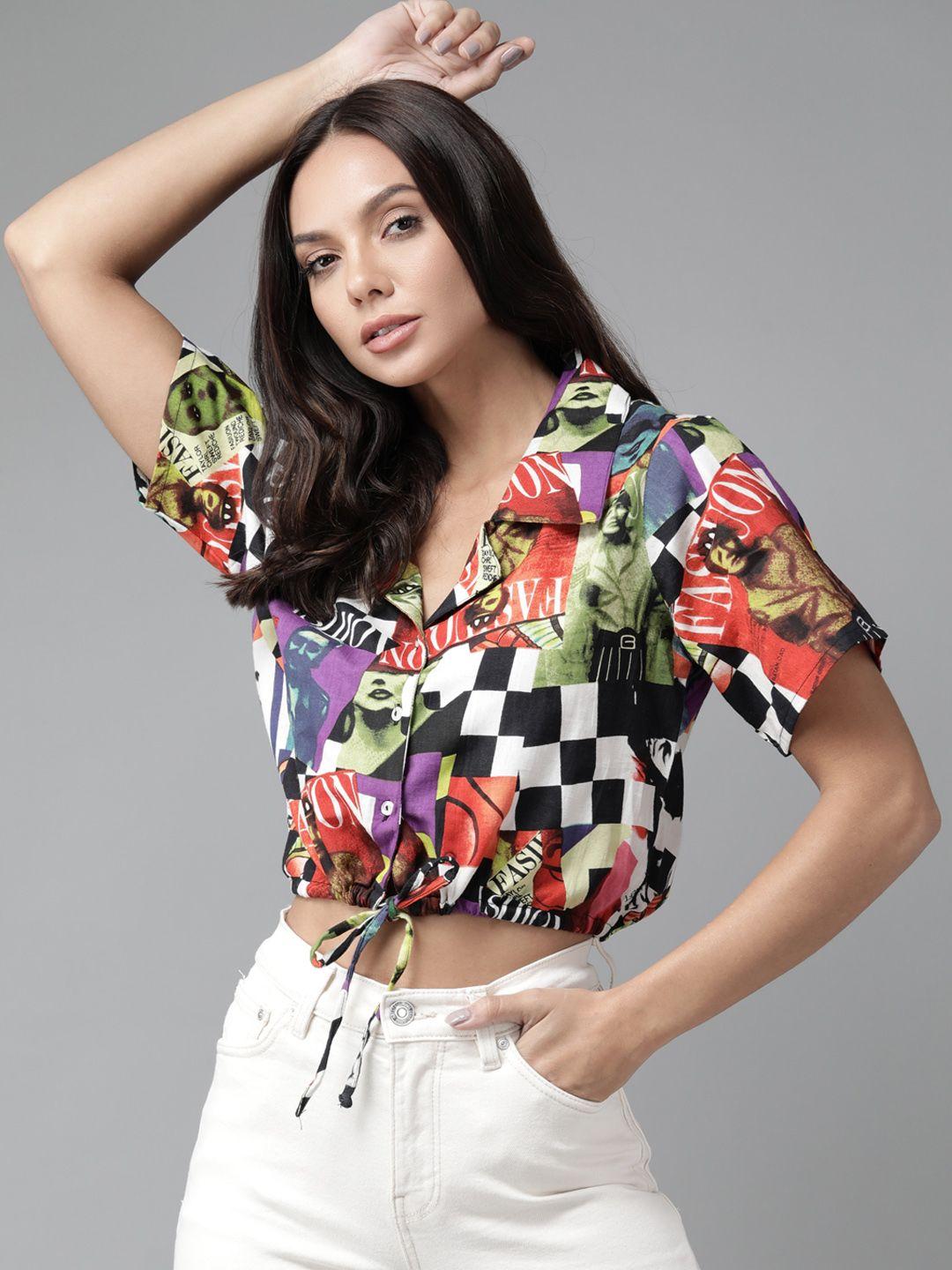 the dry state multicoloured graphic print shirt collar waist tie-ups shirt style top