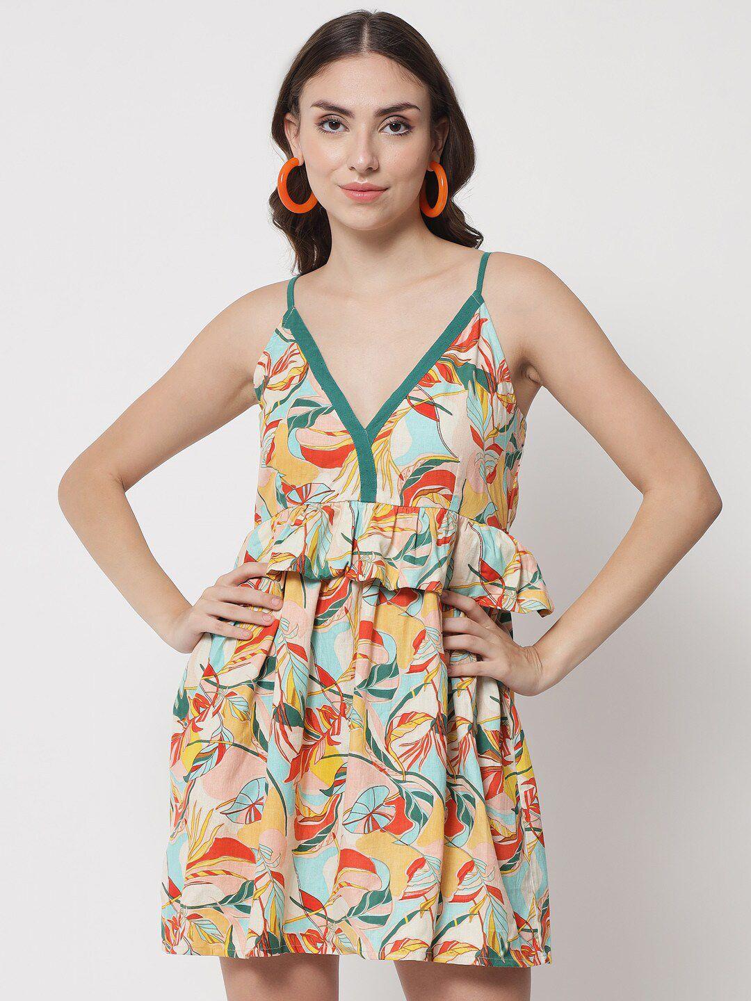 the dry state multicoloured tropical ruffled cotton fit & flare mini dress