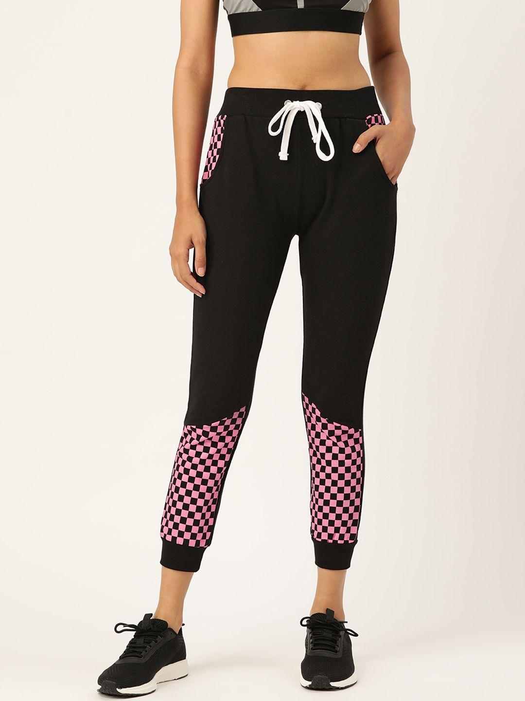 the dry state pure cotton women black & pink solid slim fit joggers with printed detail