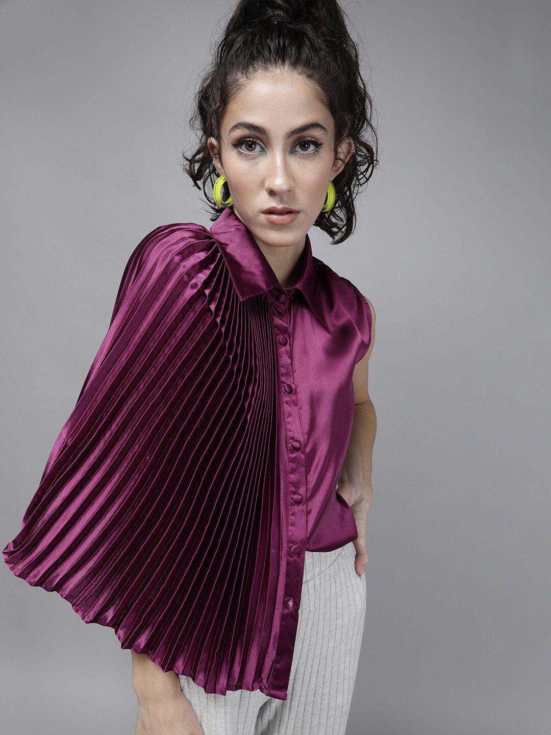 the dry state purple accordion pleats satin shirt style top