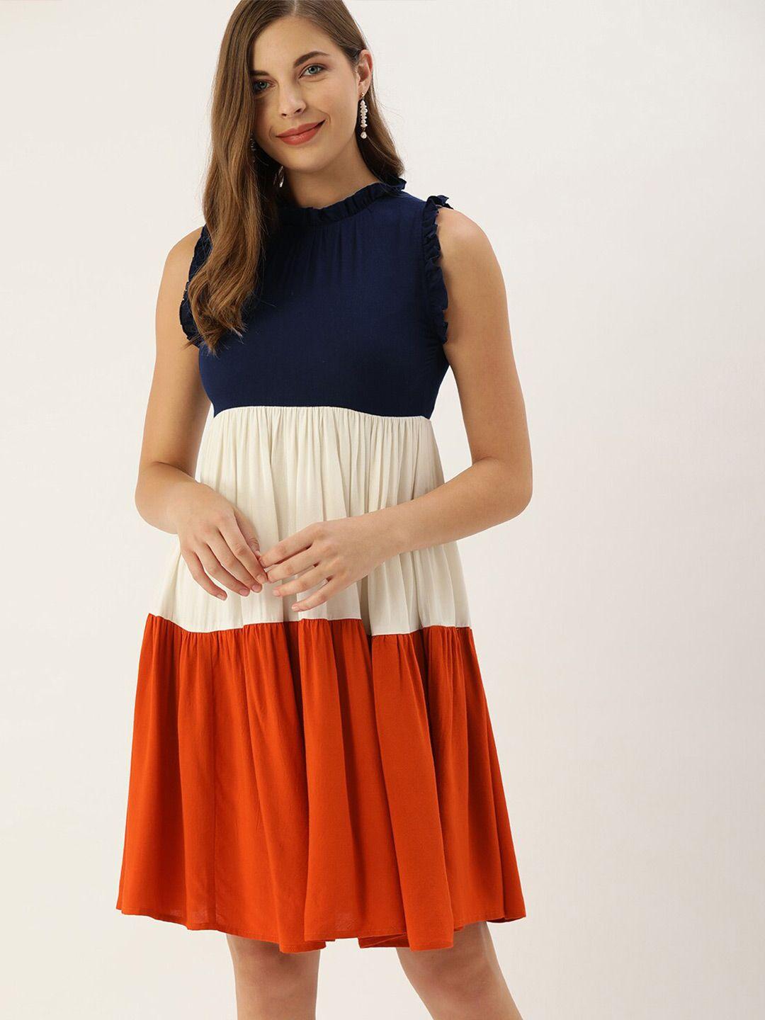 the dry state round neck colourblocked tiered fit & flare dress