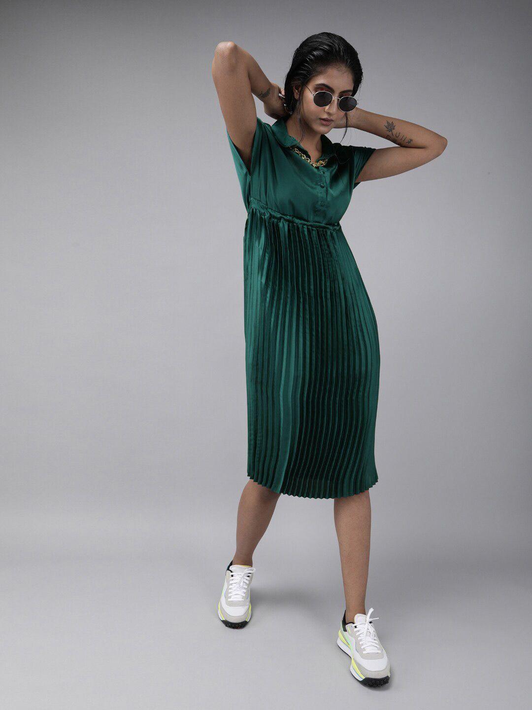 the dry state shirt collar accordion pleats fit and flare satin dress