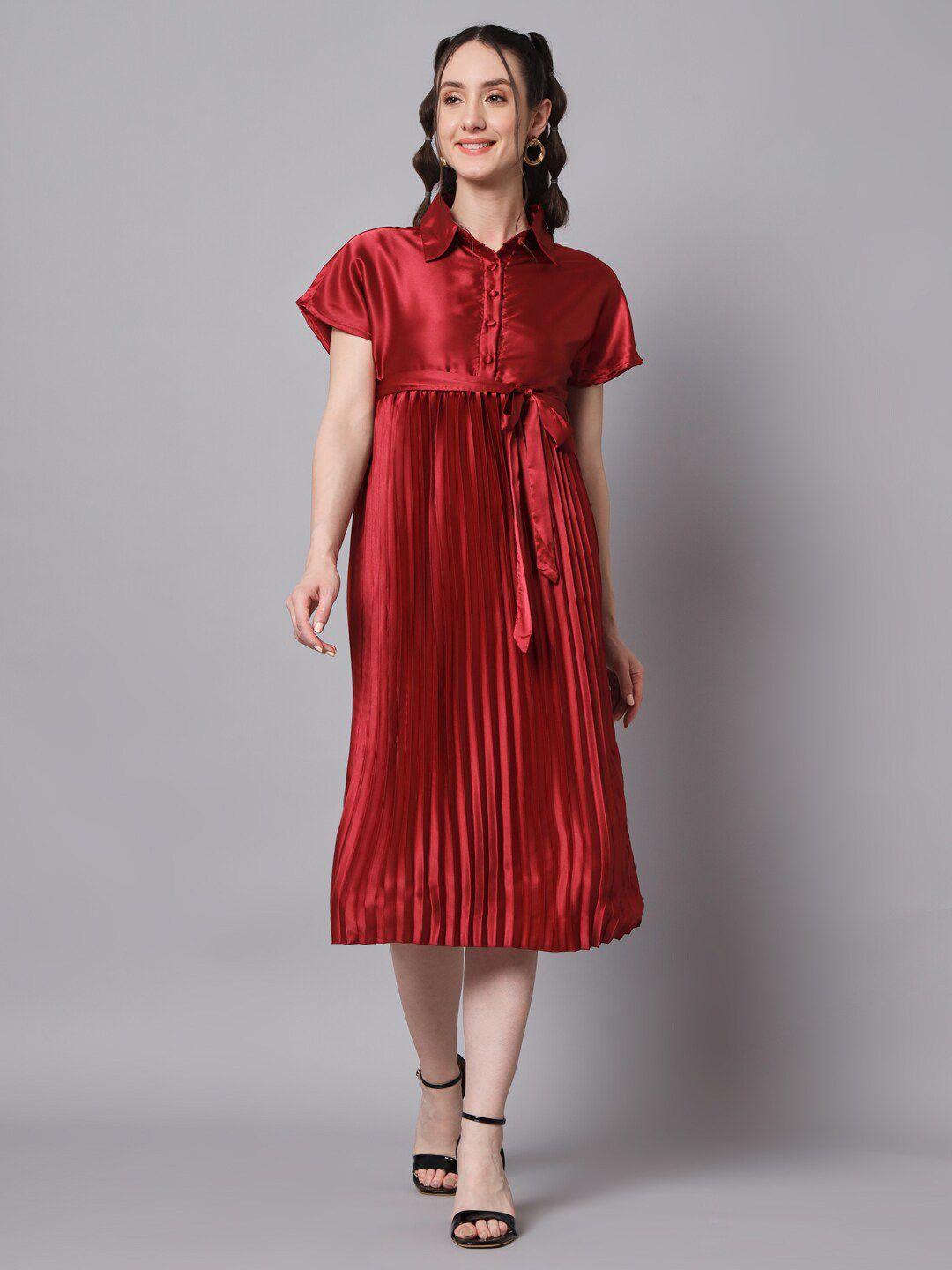 the dry state shirt collar accordion pleats tie up satin shirt midi dress