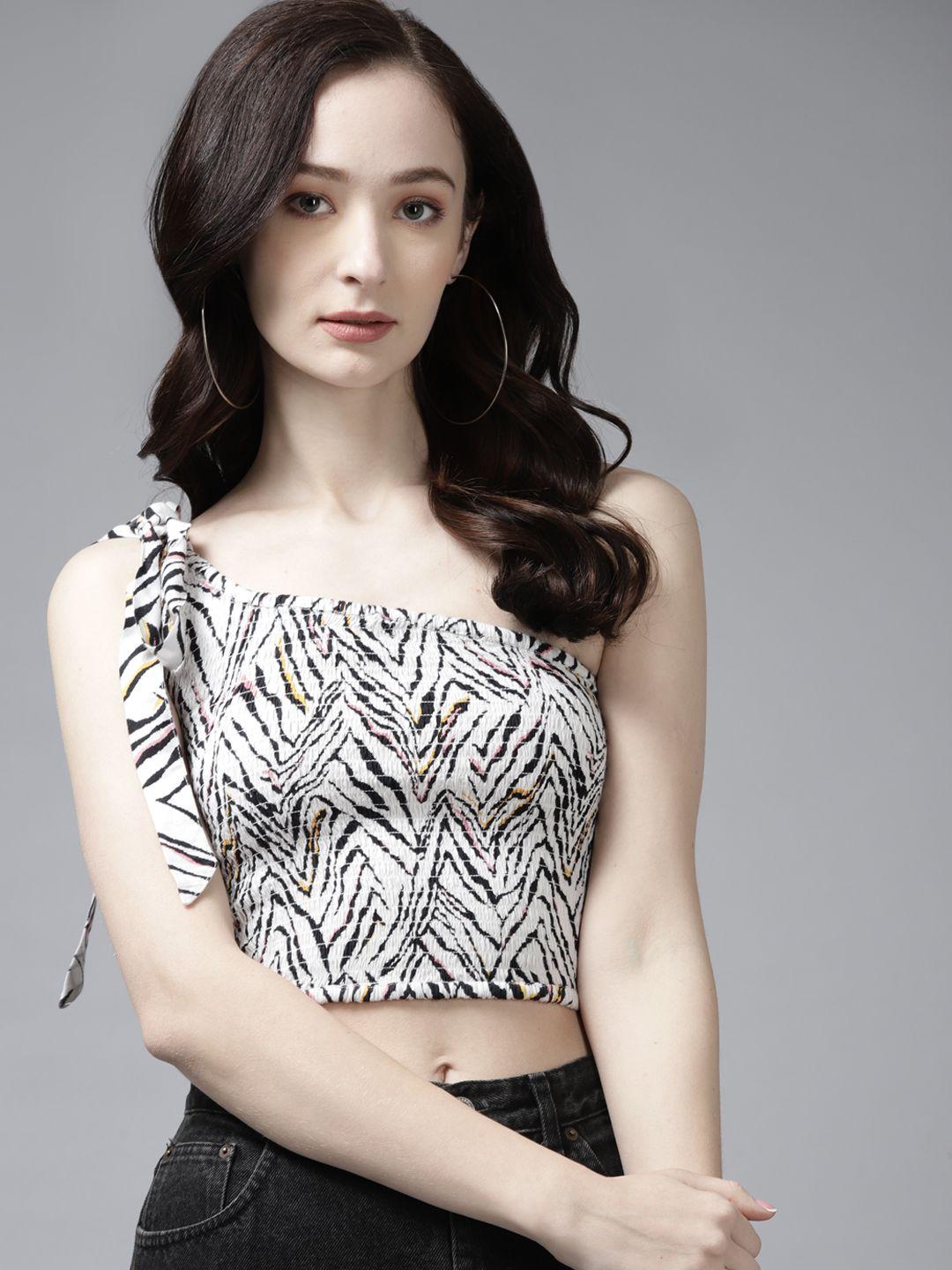 the dry state white & black zebra print one shoulder crop top