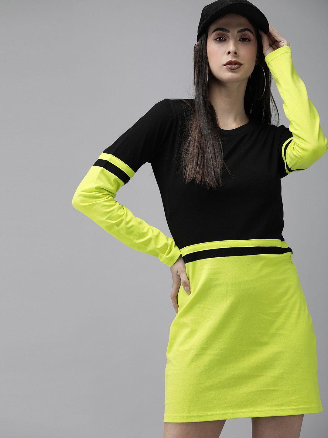 the dry state women black & fluorescent green colourblocked t-shirt dress