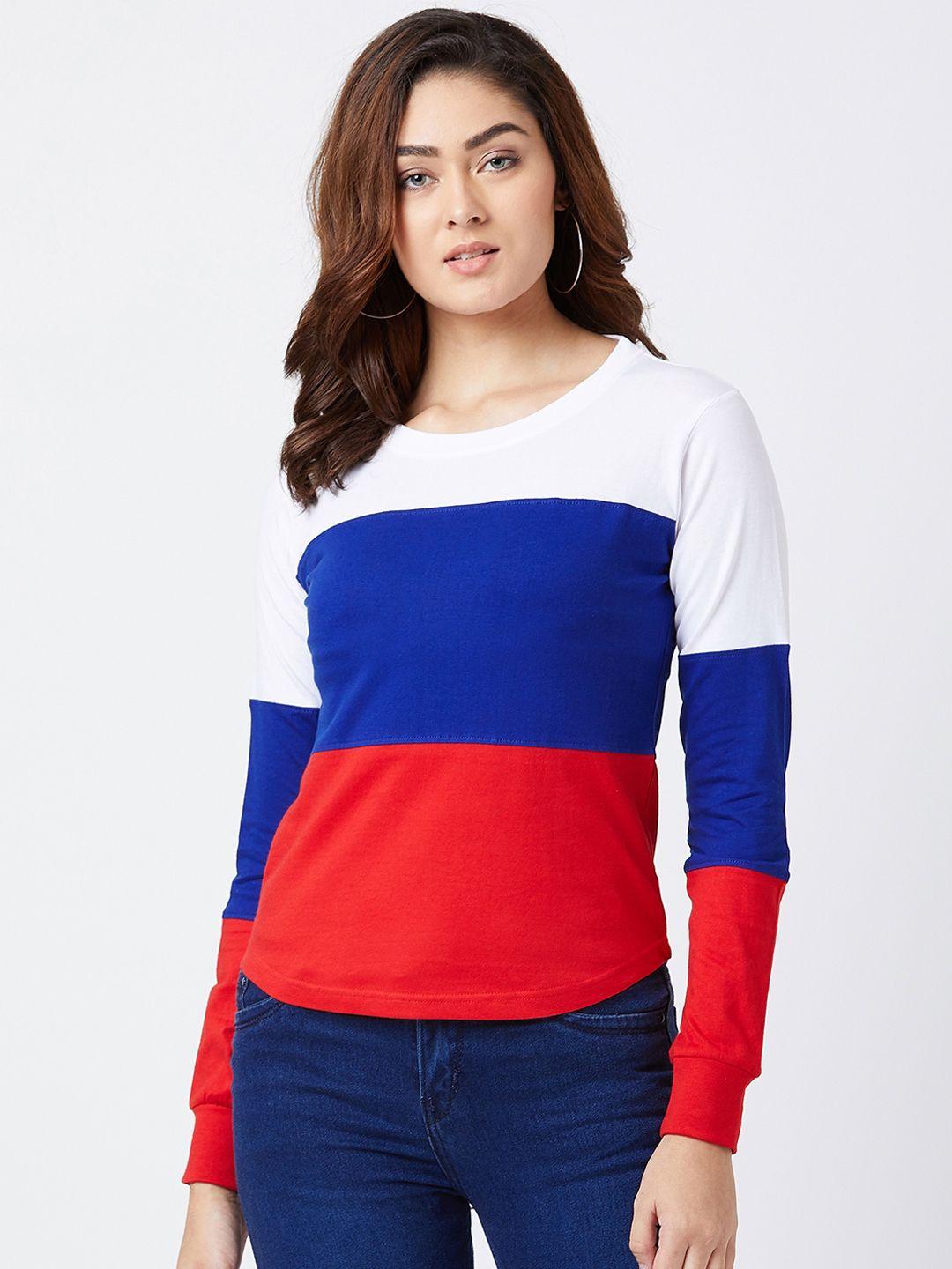 the dry state women blue & red colourblocked round neck slim fit t-shirt