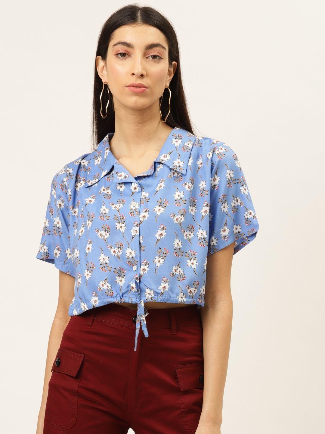 the dry state women blue & white floral printed cropped shirt style top