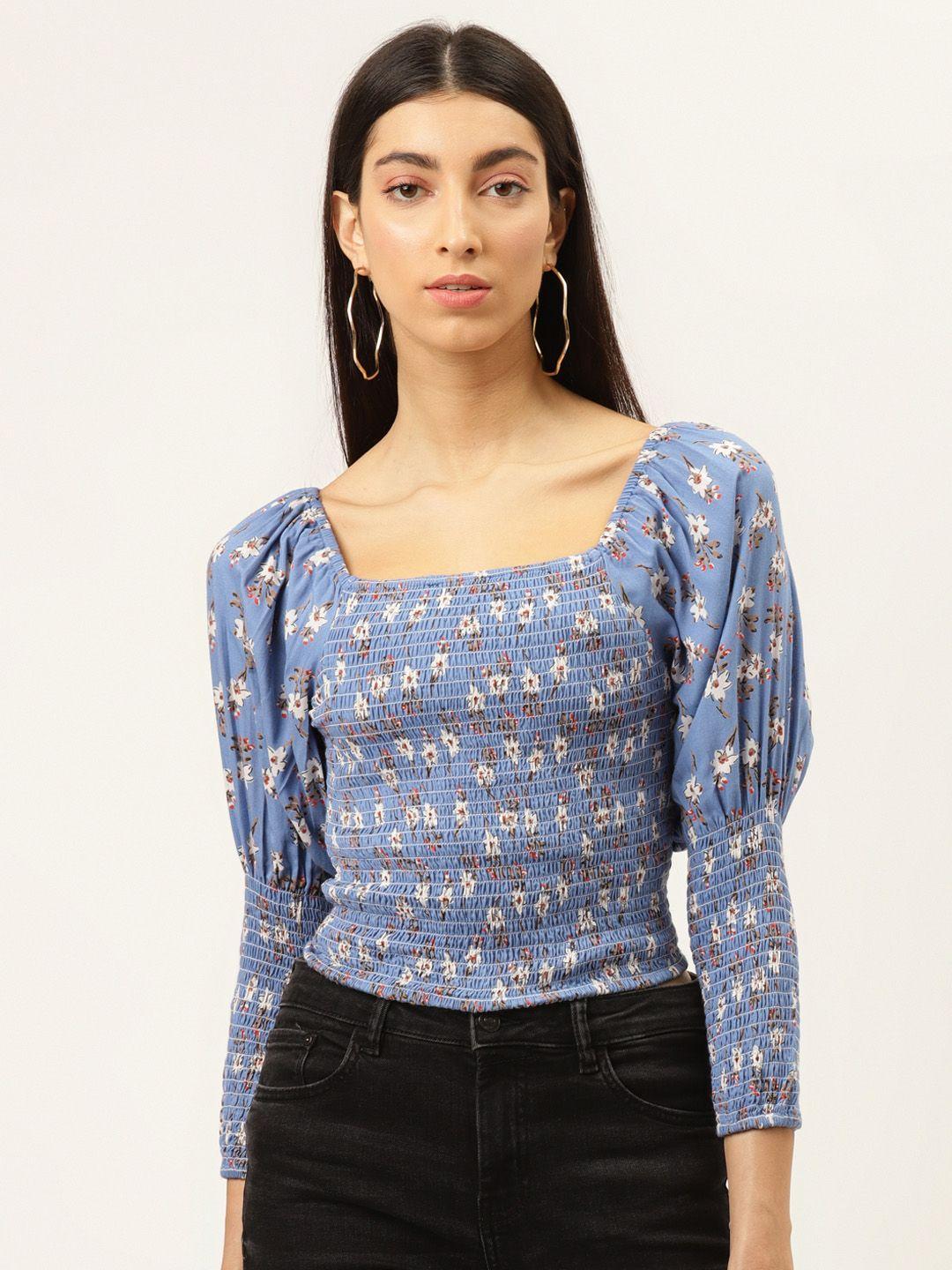 the dry state women blue & white floral printed smocked crop bishop sleeves top