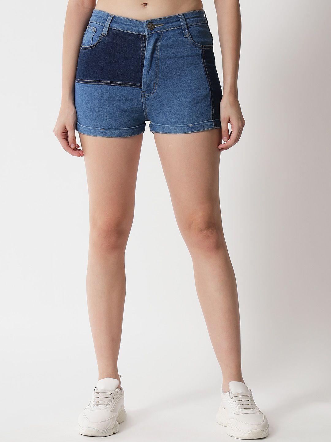 the dry state women blue colourblocked skinny fit denim shorts