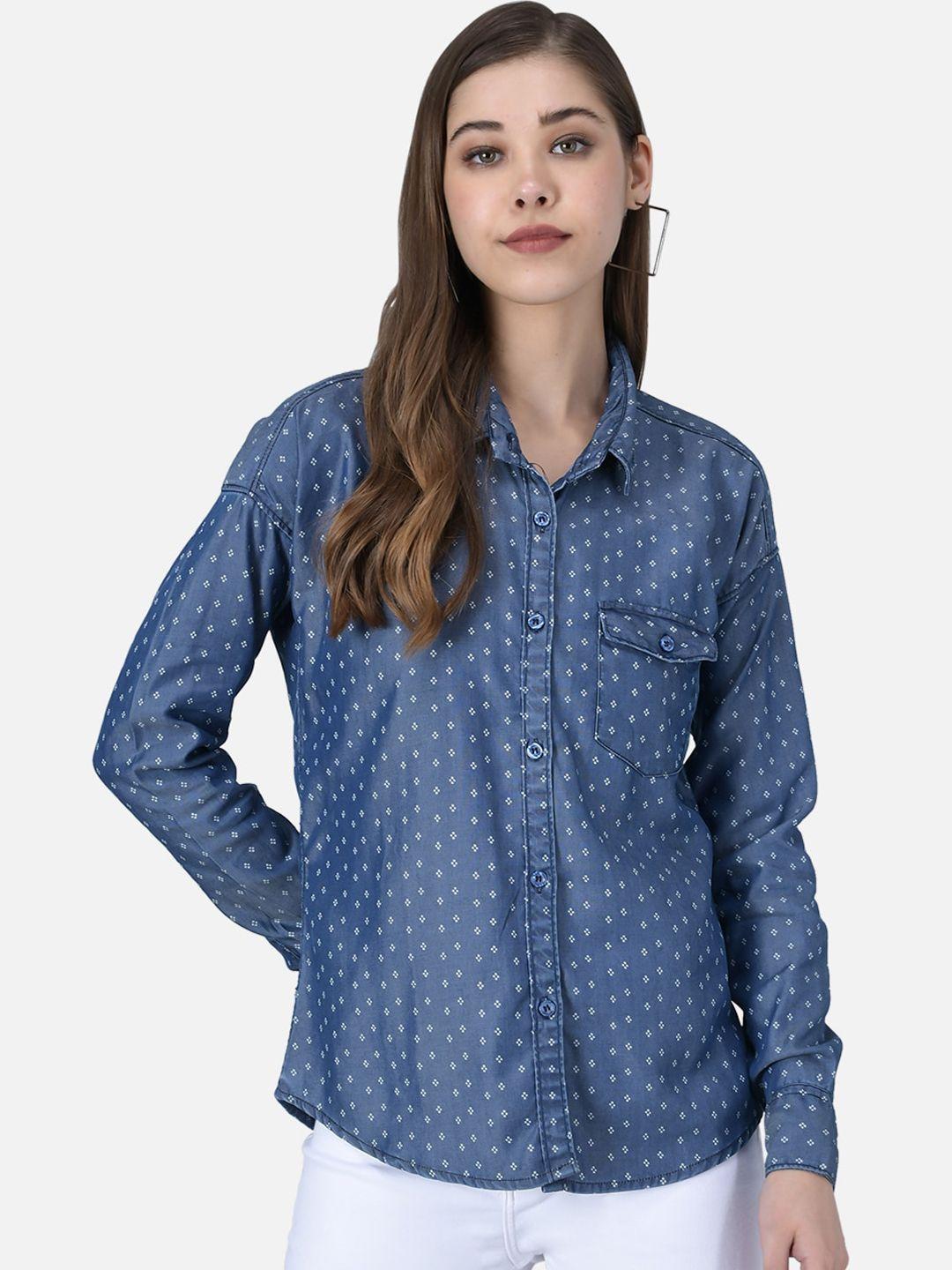 the dry state women blue regular fit printed casual shirt