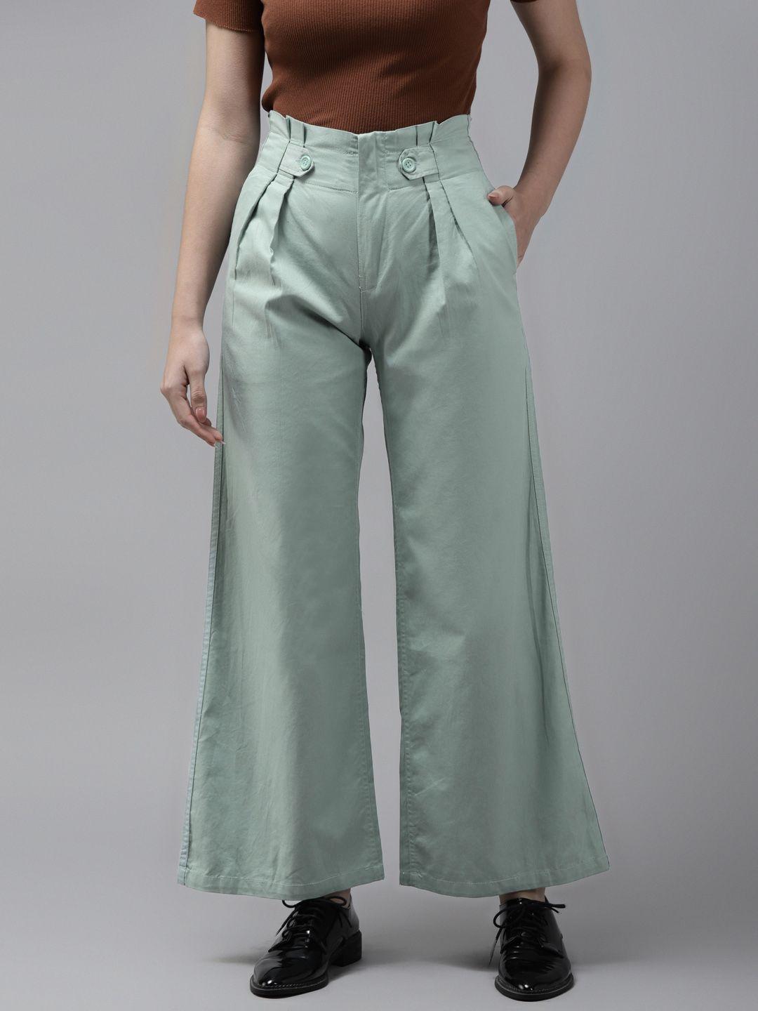 the dry state women blue solid straight fit high-rise pleated trousers