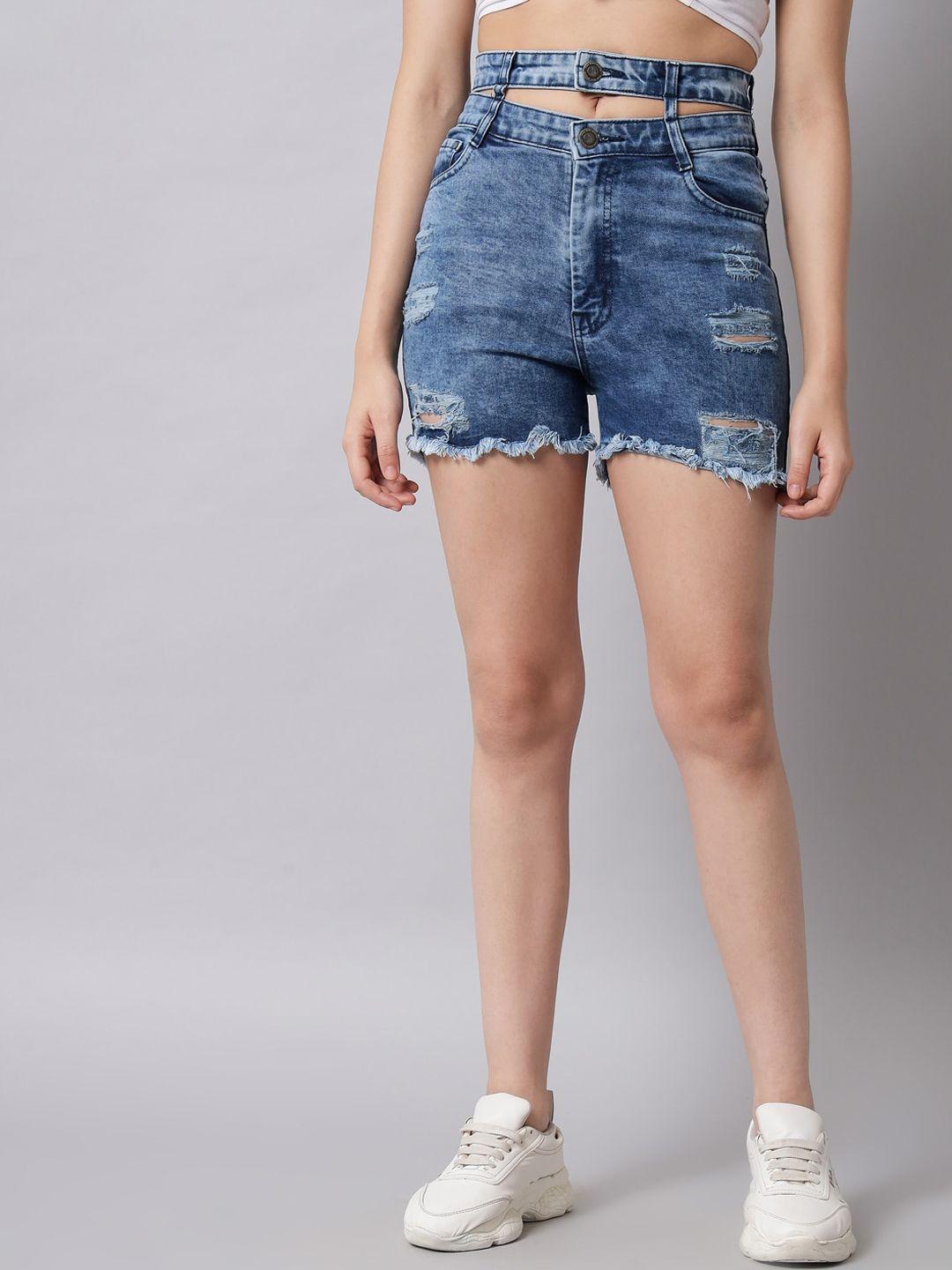 the dry state women blue washed slim fit high-rise denim shorts