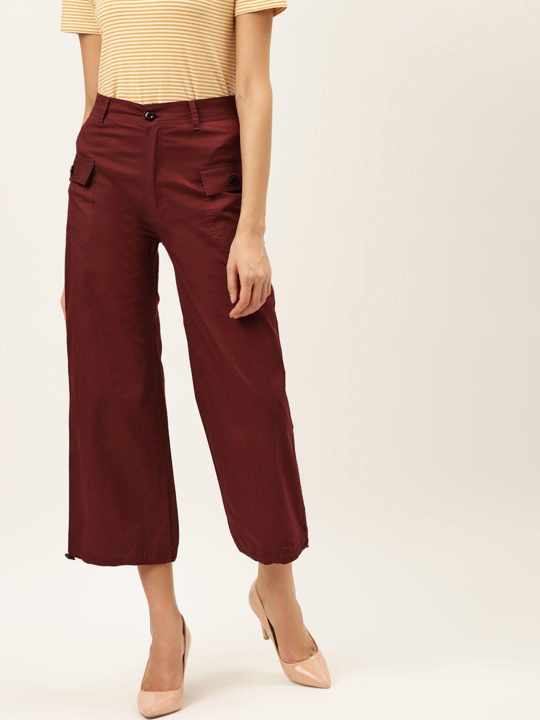 the dry state women burgundy regular fit solid cropped parallel trousers