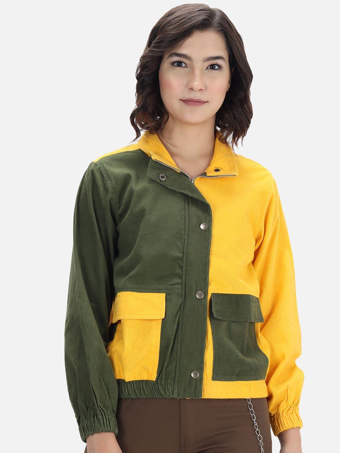 the dry state women colourblocked corduroy bomber jacket