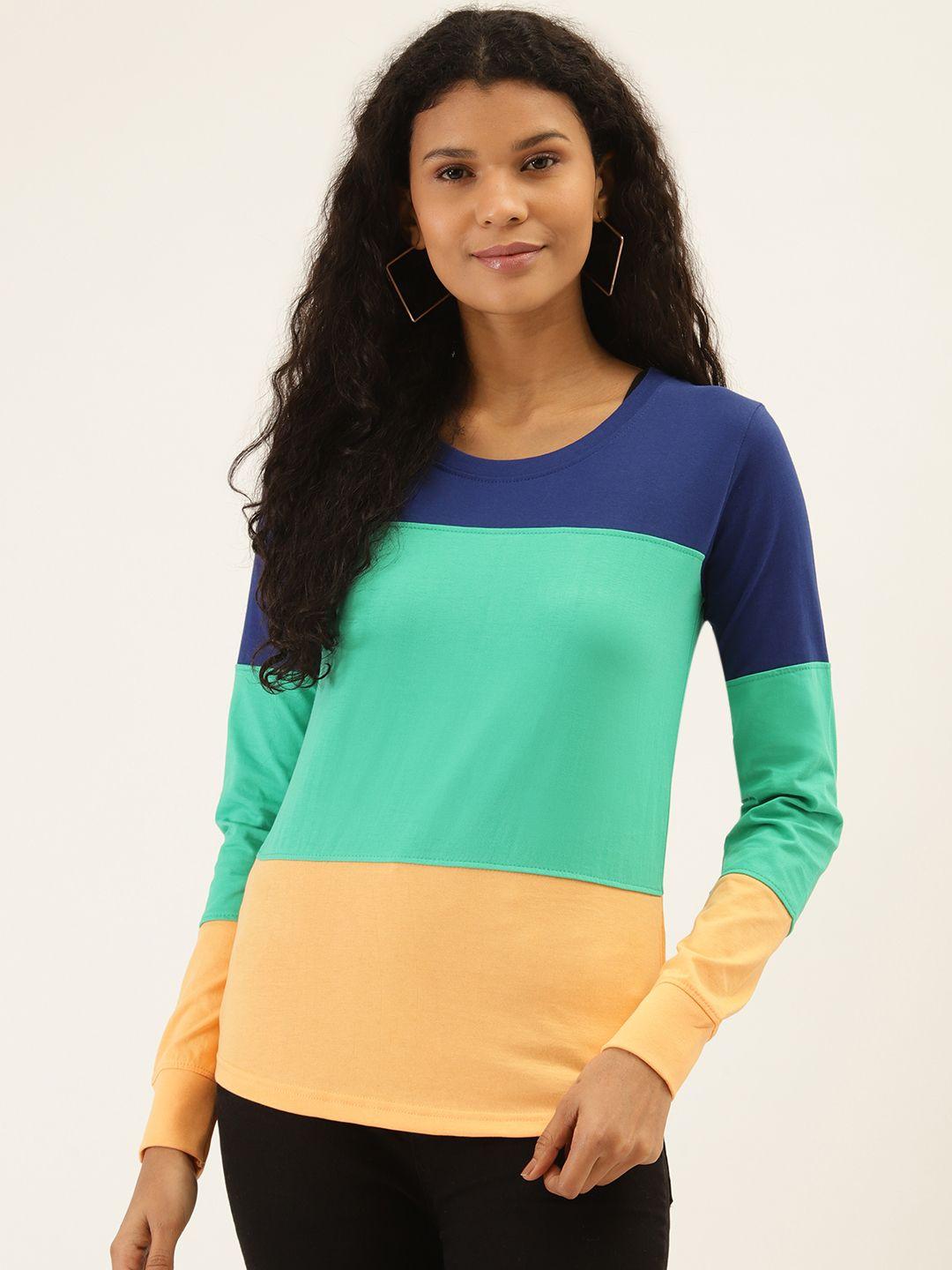 the dry state women green & peach-coloured colourblocked round neck t-shirt