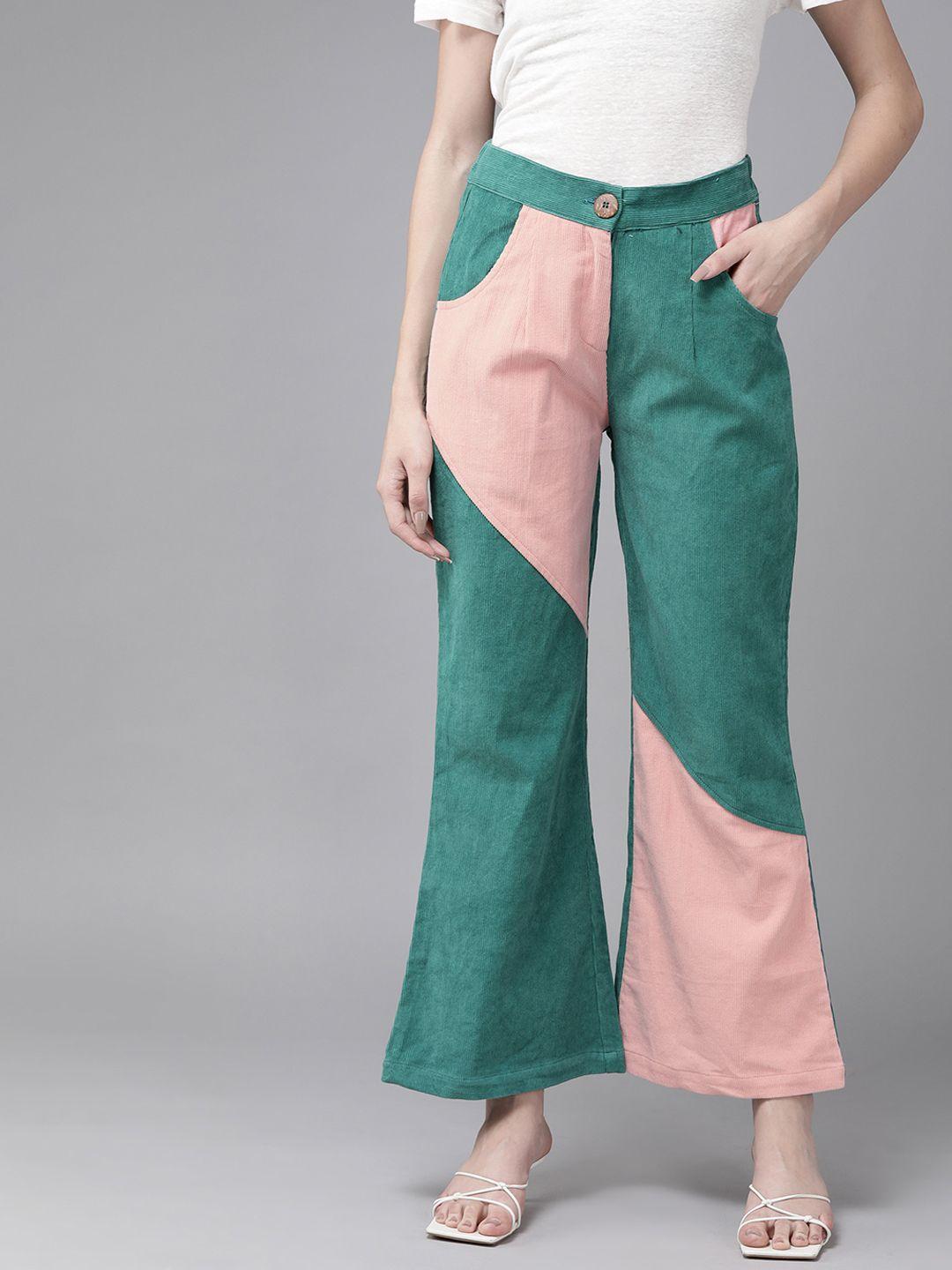 the dry state women green & pink colourblocked loose fit corduroy bootcut trousers