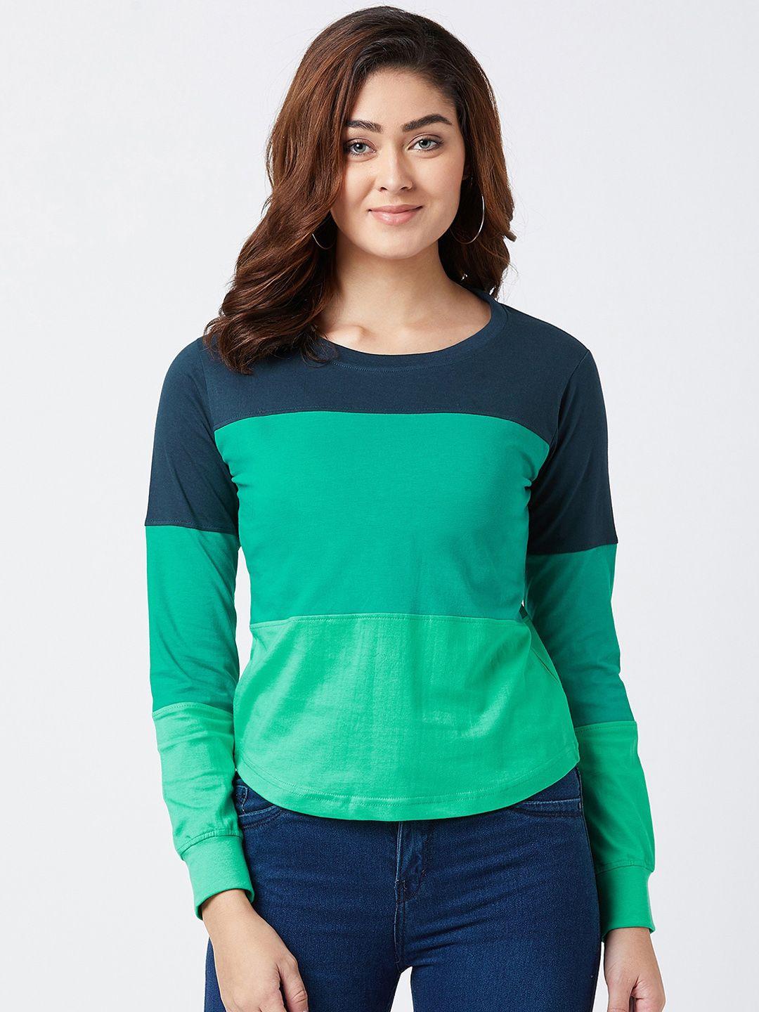 the dry state women green  navy blue colourblocked round neck pure cotton t-shirt