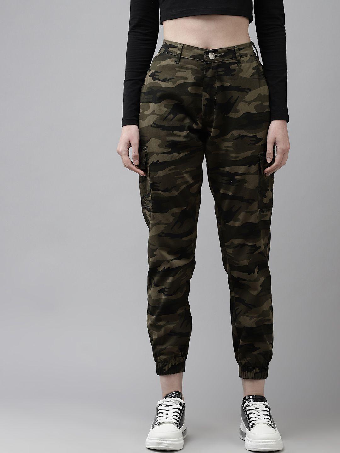 the dry state women green camouflage printed high-rise easy wash cropped joggers trousers